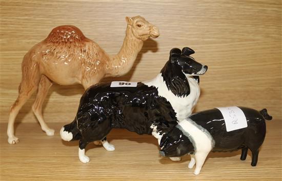 A Beswick camel, collie dog and pig camel 18cm